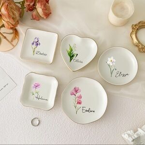 Personalized Birth Flower Trinket Dish, Custom Watercolor Cute Dish Gift